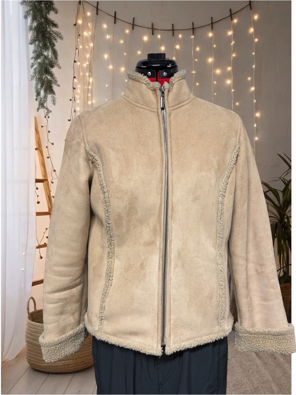 Vintage Charter Club Tan suede Faux-Shearling Zip Jacket small petite
